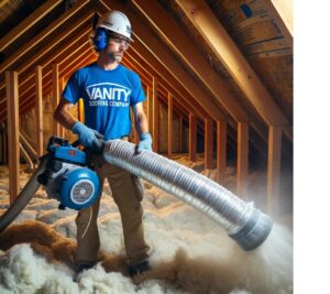 Insulation expert from Vanity Roofing installing high-quality insulation in an attic space in Ottawa, Ontario, ensuring energy efficiency and comfort.