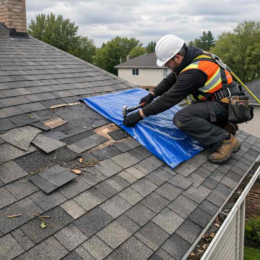 Roofer securing a tarp over storm-damaged asphalt shingles during an emergency roof repair on an Ottawa home