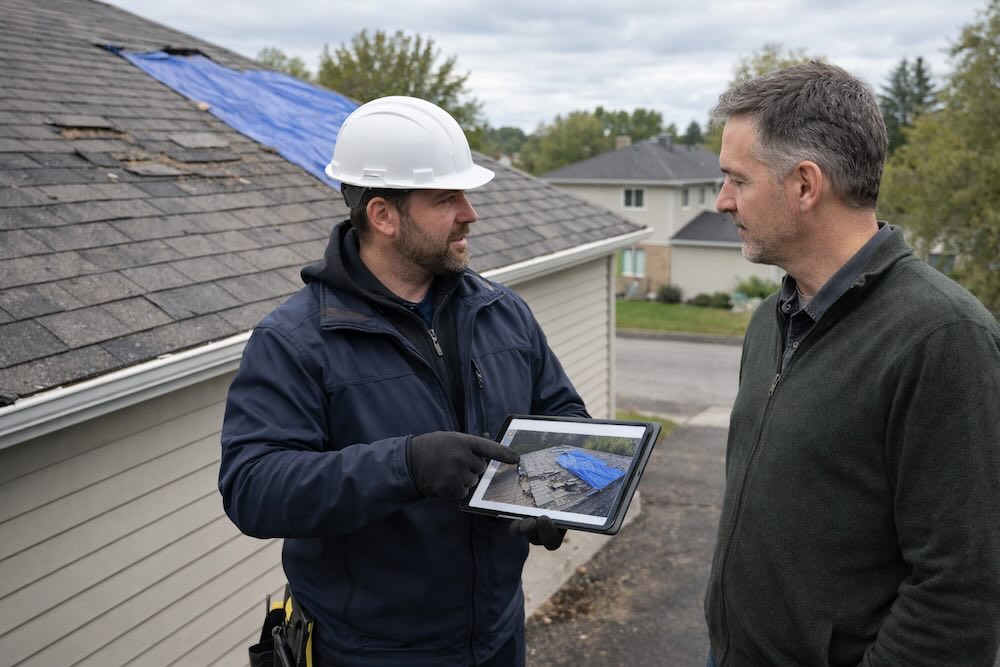 Roofing contractor reviewing storm damage findings with a homeowner in front of an Ottawa home with a tarped asphalt shingle roof