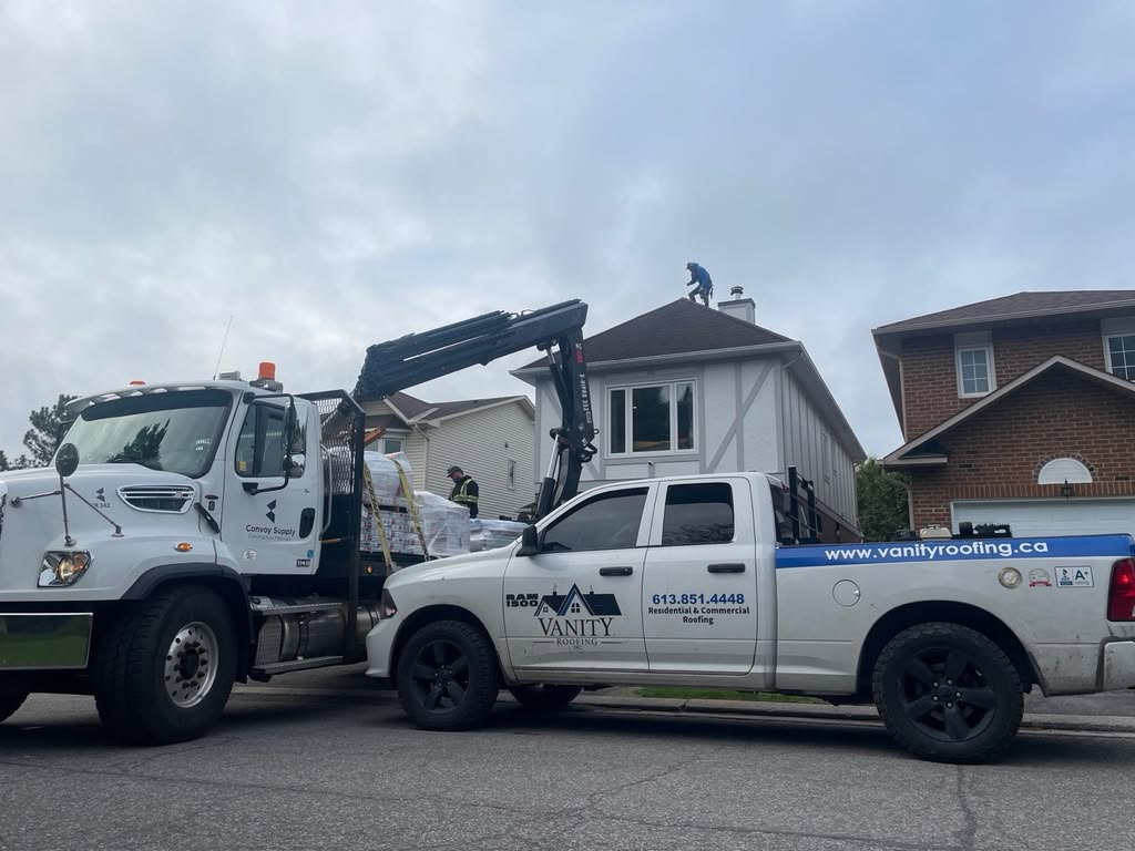 Shingles delivered to the roof for a Barrhaven roof replacement