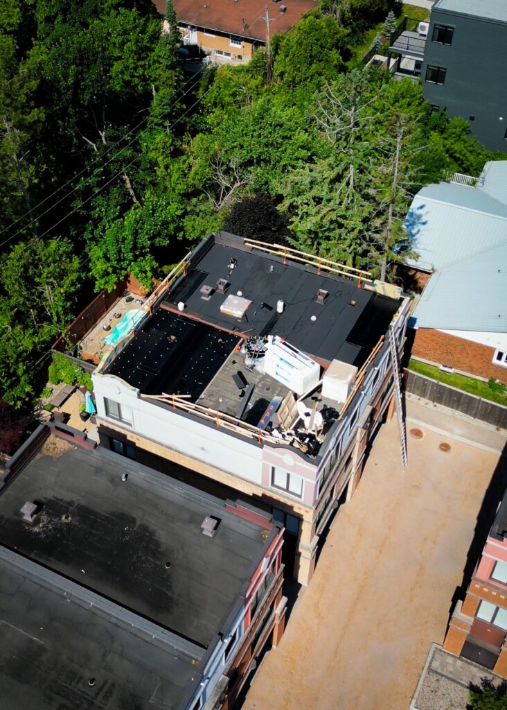 Aerial view of a flat roof replacement in Ottawa