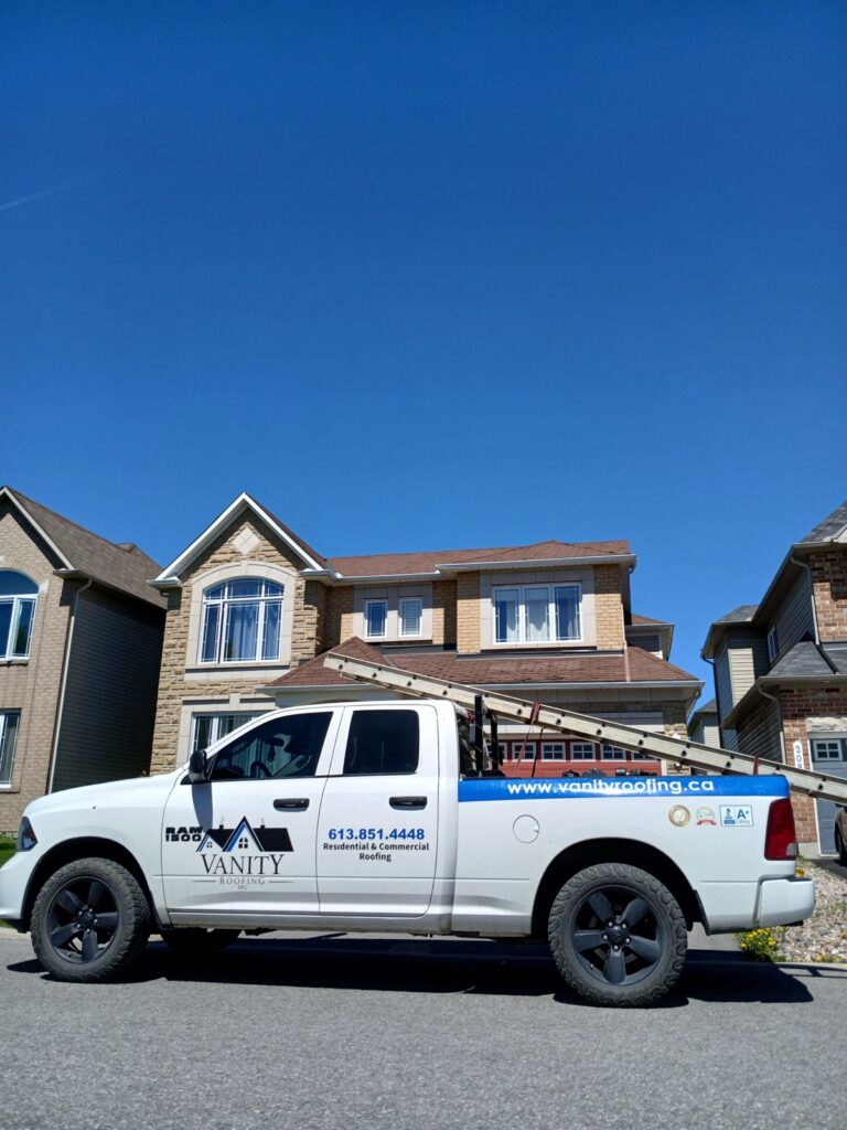 Vanity Roofing truck on a roof replacement in Orleans